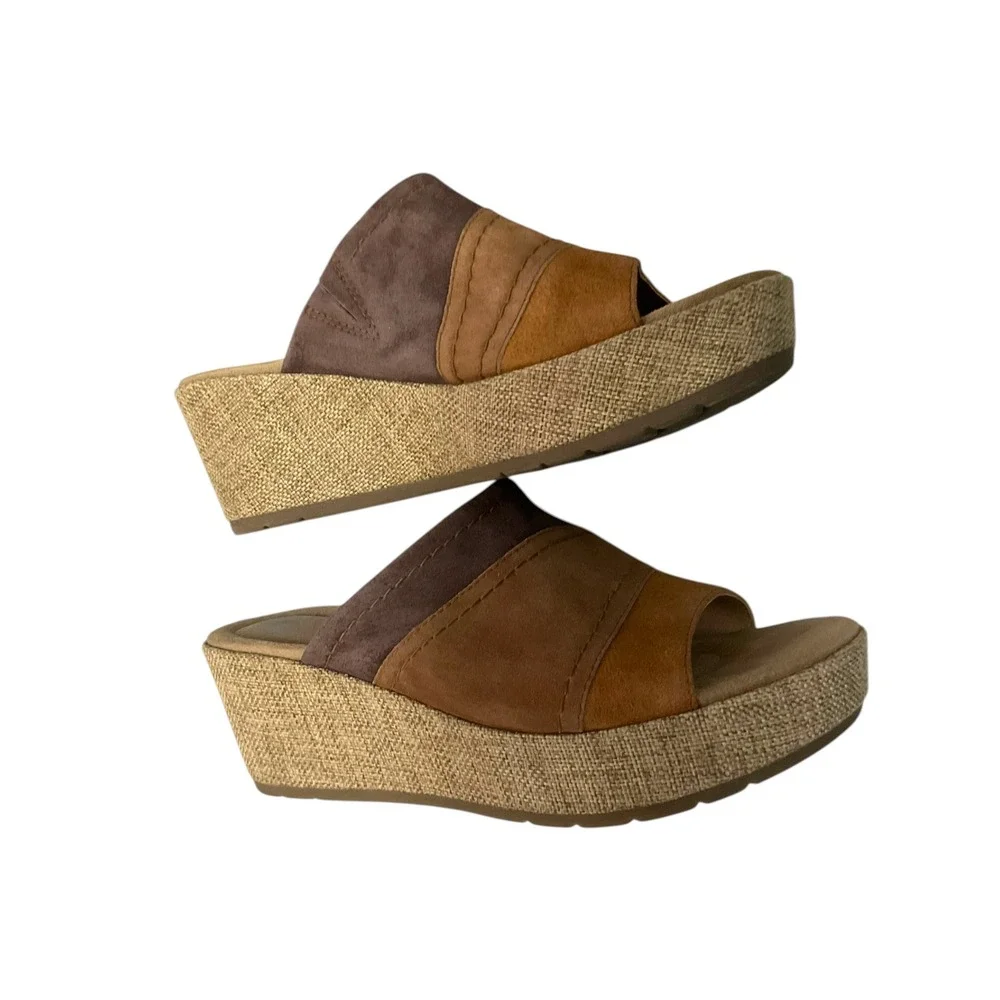 Earth Origins Myra Brown Suede Tri-Color Wedge‎ Sandals Mens 9.5M Platform Mules